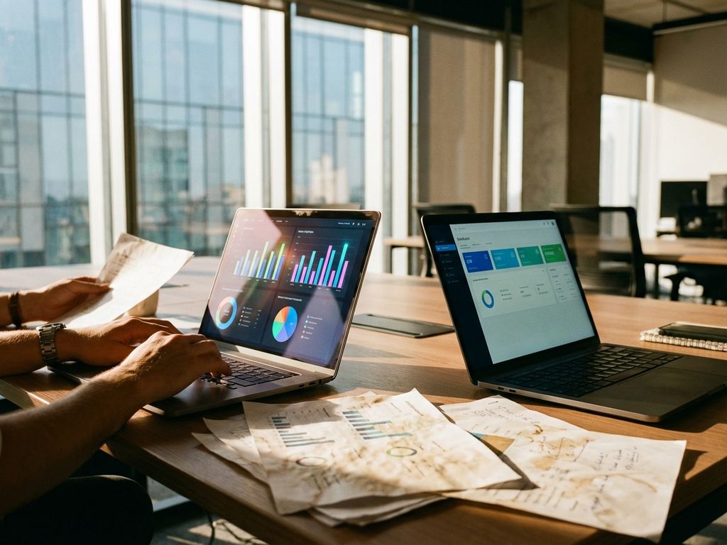 Business analyst working at desk with two laptops displaying data visualizations and dashboard analytics in sunlit office