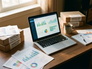 Laptop displaying colorful data visualization charts on wooden desk with printed reports, analytics software boxes, and coffee mug.