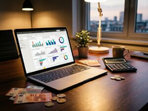 Laptop met Power BI dashboard grafieken op scherm, calculator en euro geld op houten bureau in kantooromgeving