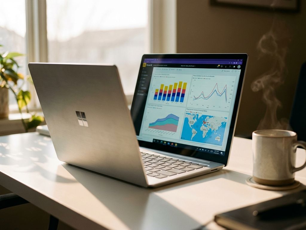 Modern laptop displaying colorful Power BI dashboard charts on screen, Microsoft logo visible, on white desk with coffee cup