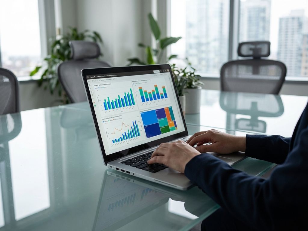 Laptop displaying colorful Power BI dashboard charts on glass conference table with hands typing in bright office