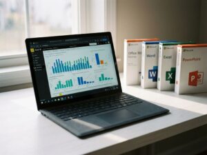 Modern laptop displaying colorful Power BI dashboard on screen, positioned on white desk next to Office 365 product boxes.