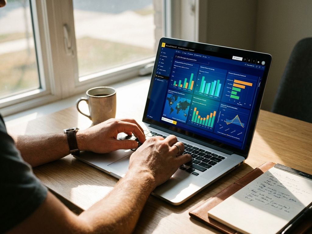 Professional working on laptop displaying colorful Power BI data visualization dashboard in modern office setting