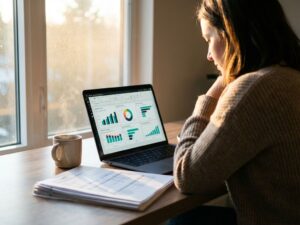 Small business owner analyzing colorful Power BI dashboard charts on laptop at modern desk with coffee and financial reports