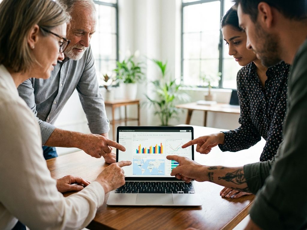 Diverse team analyzing colorful Power BI dashboard on laptop screen in bright modern office, hands pointing at data charts