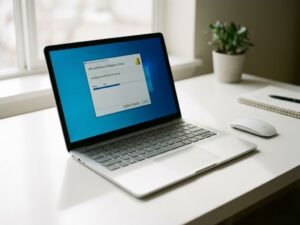 Laptop displaying Power BI installation wizard with progress bar on clean white desk in bright workspace