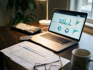 Laptop displaying colorful Power BI dashboard charts on modern business desk with credit card and financial documents