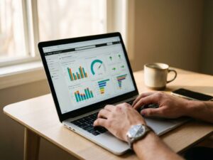Business professional typing on laptop displaying Power BI dashboard with colorful charts and data visualizations on screen.