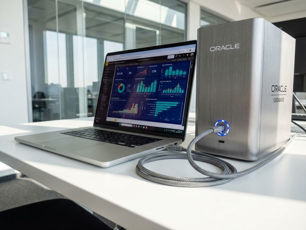Laptop displaying Power BI dashboard charts connected via ethernet cable to Oracle database server on office desk