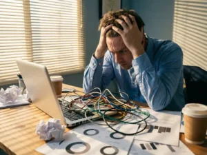 Gefrustreerde bedrijfsanalist kijkt naar verwarde kleurrijke datakabels die uit laptop op modern bureau vallen, omringd door verspreide rapporten en koffievlekken op grafieken.