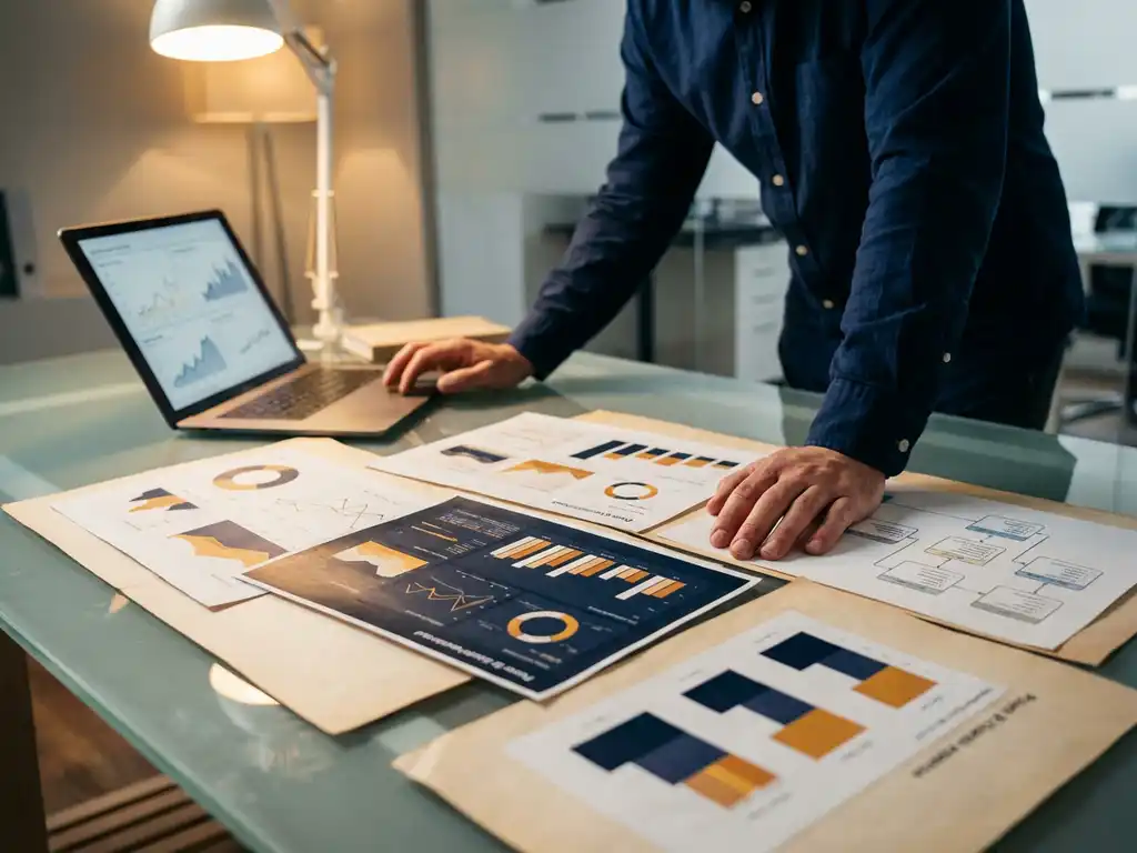 Database administrator analyseert kleurrijke datavisualisatie grafieken en Power BI dashboards op glazen bureau met laptop