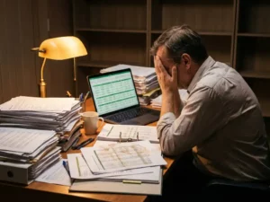 Gefrustreerde database administrator met hoofd in handen aan rommelig bureau vol papieren rapporten en spreadsheets