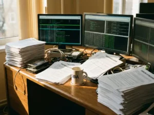 Overvolle bureautafel met stapels databaserapporten, harde schijven en monitors die datastromen tonen, koffiekopje tussen de chaos
