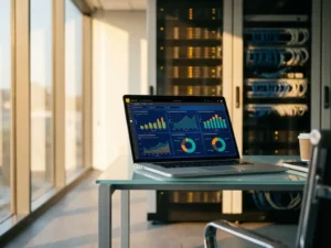 Laptop toont kleurrijke Power BI dashboard grafieken op modern glazen bureau in professioneel kantoor met serverapparatuur