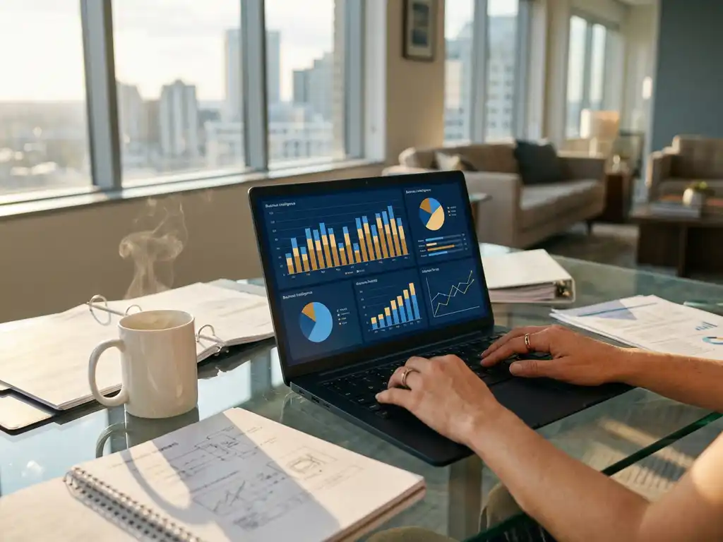 Laptop toont kleurrijke Power BI dashboard grafieken op glazen bureau in professioneel kantoor met koffiekop en documentatie