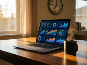 Laptop toont kleurrijke Power BI dashboards op houten bureau naast koffiekop, ochtendlicht door raam