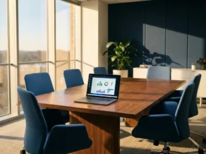 Laptop met kleurrijke Power BI dashboard grafieken op houten vergadertafel omringd door vijf lege moderne stoelen