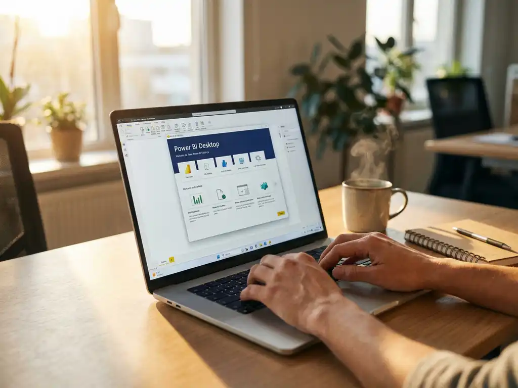 Geopende laptop met Power BI welkomstscherm op modern bureau naast koffiekop en notitieblok, handen boven toetsenbord