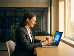 Zakenprofessional installeert Power BI software op laptop aan modern bureau, serverruimte op achtergrond, natuurlijk licht