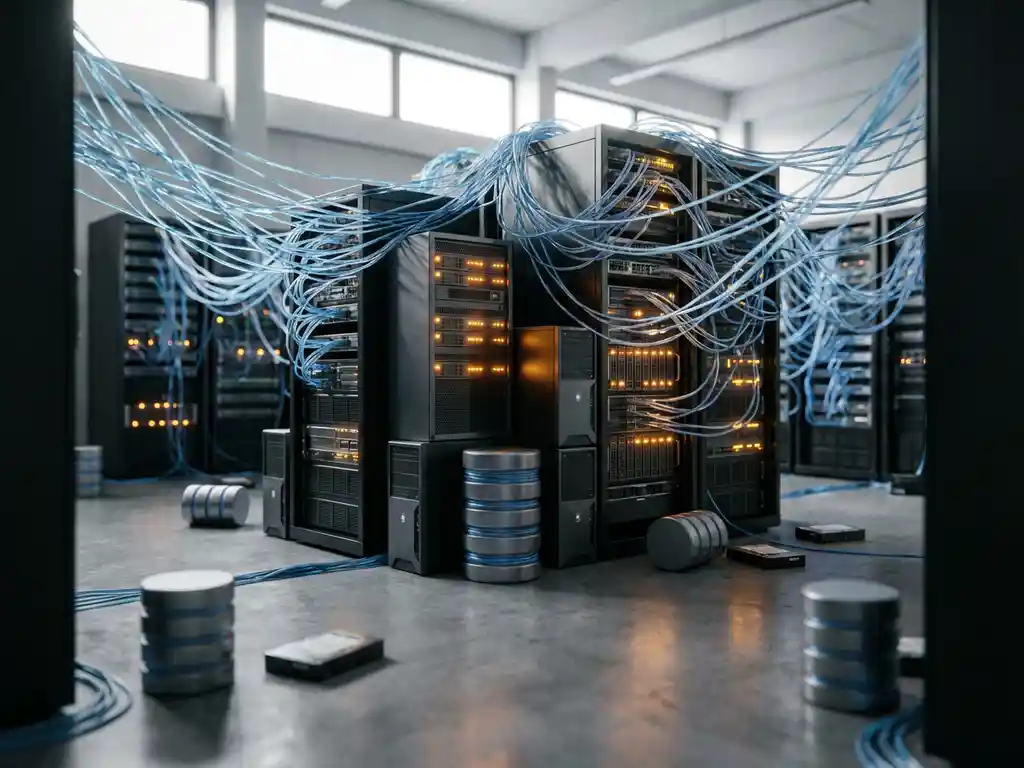 Serverruimte met onderling verbonden servertorens, gloeiende ethernet kabels en database cilinders op gepolijste betonnen vloer