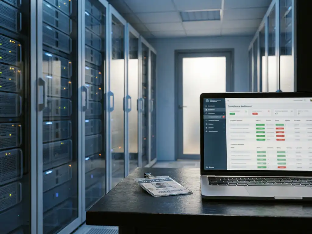 Serverruimte met verlichte rackmounts, laptop met compliance-dashboard en beveiligingsbadge op bureau in blauw-grijs licht.