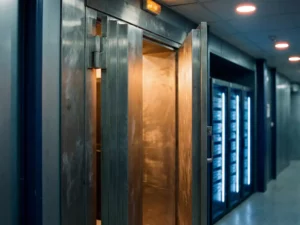 Zware stalen kluisdeur op een kier met gloeiende serverracks in een modern datacenter, amber beveiligingsverlichting contrasteert staalblauwe servergloed.