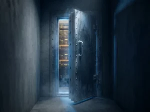 Zware stalen kluisdeur op een kier met zichtbare serverrack in donkere datacentergang, blauw licht en condensatie op koud metaal.