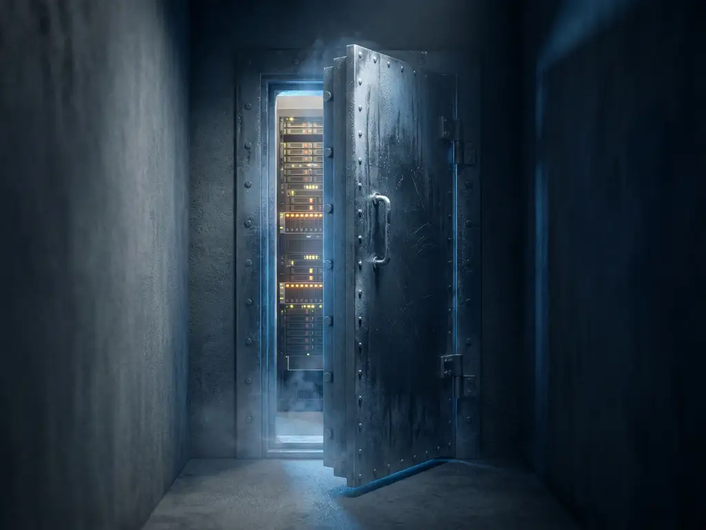 Zware stalen kluisdeur op een kier met zichtbare serverrack in donkere datacentergang, blauw licht en condensatie op koud metaal.