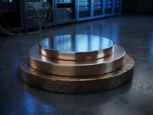 Drielaags bronzen medaillonstructuur met toenemend gepolijste lagen op donkere serverruimtevloer, staal-blauwe omgevingsverlichting.