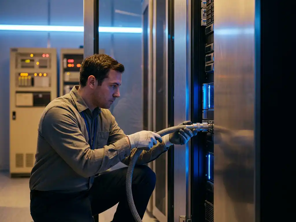 Database-engineer sluit industriële kabel aan op modern serverrek in datacenter met blauw omgevingslicht en legacy hardware op achtergrond.