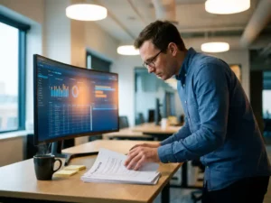 Databaseprofessional bestudeert release notes naast een monitor met datadashboards, koffie en sticky notes op modern bureau.