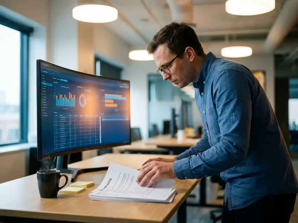 Databaseprofessional bestudeert release notes naast een monitor met datadashboards, koffie en sticky notes op modern bureau.