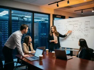 Teamleider wijst naar een structuurdiagram op een whiteboard in een serverruimte, collega's luisteren aandachtig aan een vergadertafel.