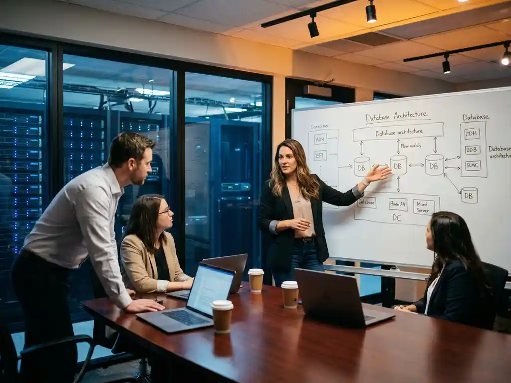 Teamleider wijst naar een structuurdiagram op een whiteboard in een serverruimte, collega's luisteren aandachtig aan een vergadertafel.