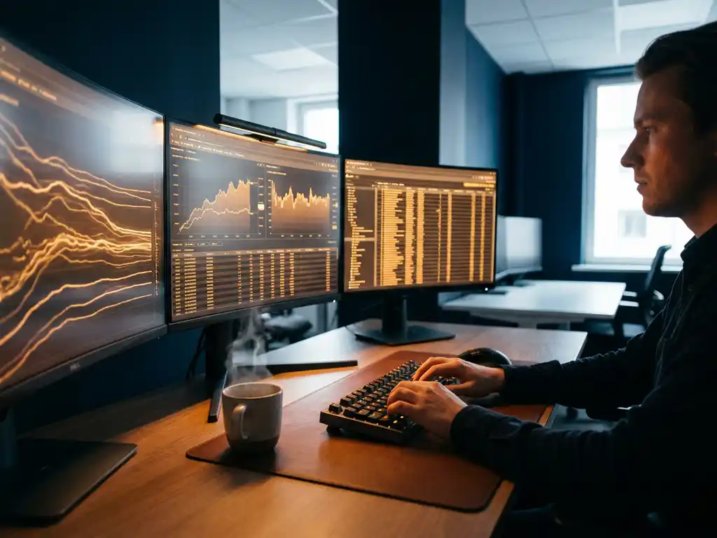 Databasebeheerder analyseert SQL-queryresultaten op gebogen monitors met oranje datavisualisaties in modern kantoor.