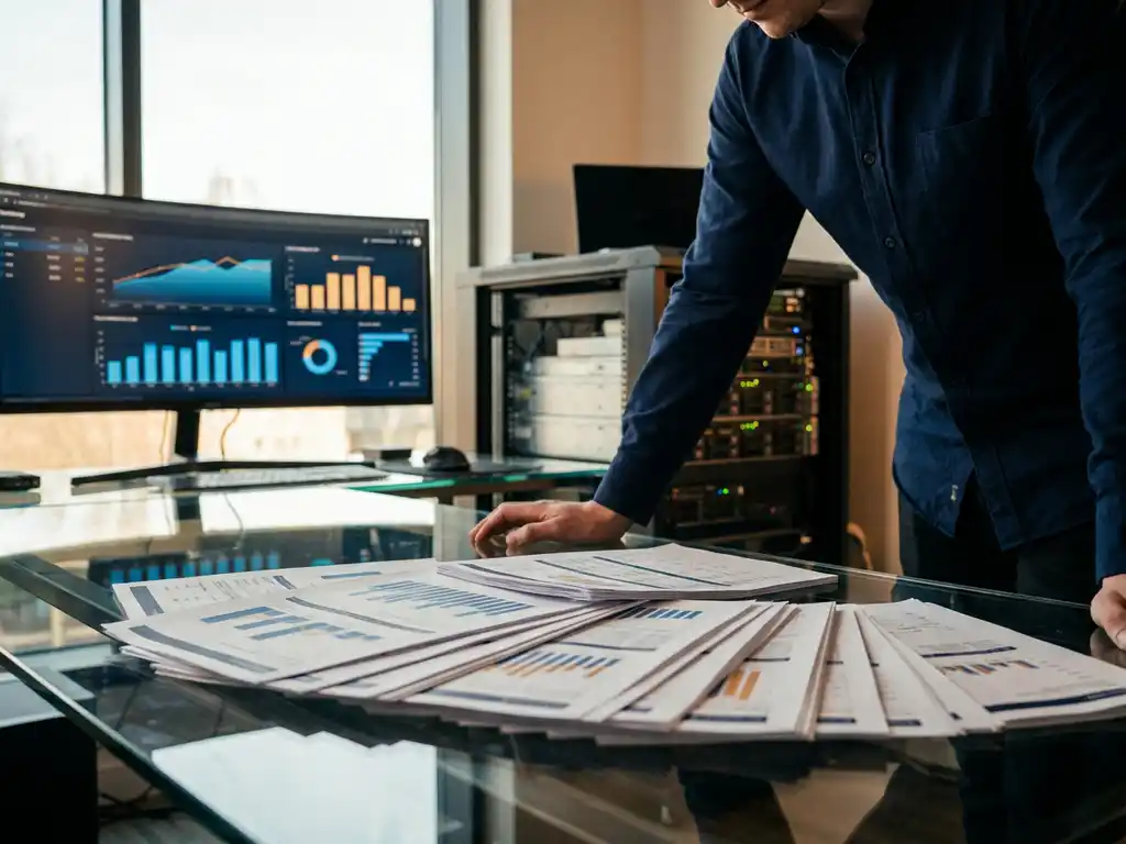 Databasebeheerder analyseert gegevensrapporten op glazen bureau met gebogen monitor en serverrack op de achtergrond.