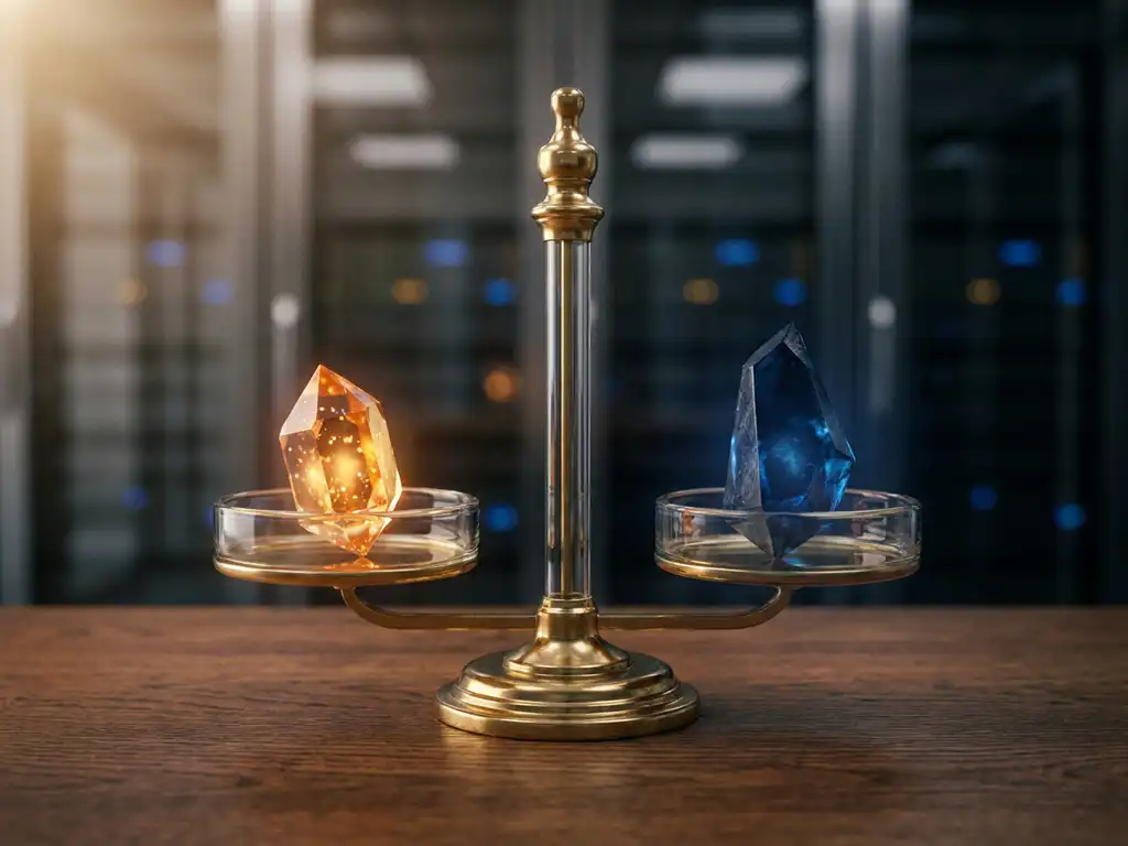 Glanzende weegschaal op donker eiken bureau met amberkleurig datakristal en blauw geometrisch fragment, vergelijking Databricks versus Microsoft Fabric.