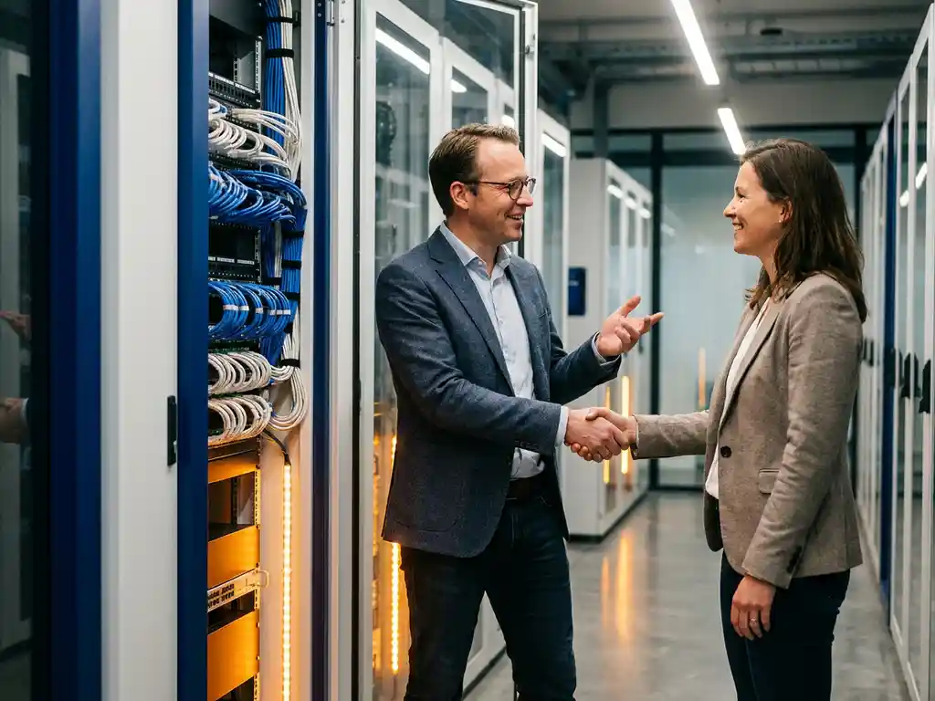 Twee professionals bekijken een serverrack in een Nederlands datacenter, waarbij één persoon wijst naar georganiseerde kabelinfrastructuur.
