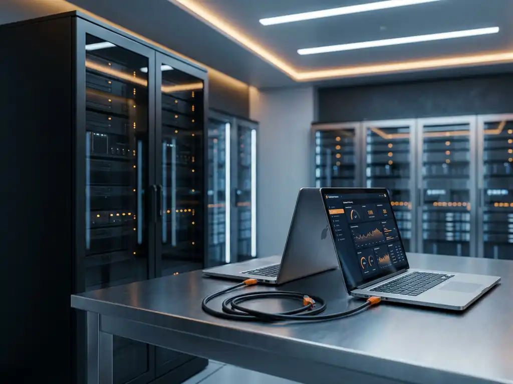 Twee laptops met databasedashboards verbonden via ethernetkabel op stalen bureau, serverrack op achtergrond in modern datacenter.