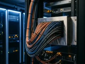 Oranje, blauwe en grijze serverrackkabels die samenkomen in een stalen patchpaneel in een modern datacenter met blauw omgevingslicht.