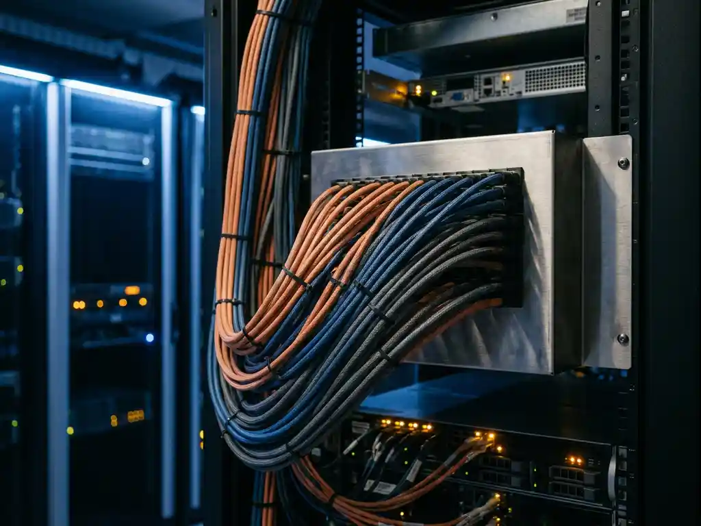 Oranje, blauwe en grijze serverrackkabels die samenkomen in een stalen patchpaneel in een modern datacenter met blauw omgevingslicht.
