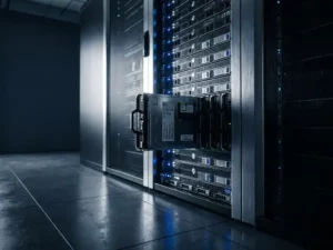 Serverrack in modern datacenter met knipperende blauwe indicatorlampjes en uitgetrokken enterprise storage blade.