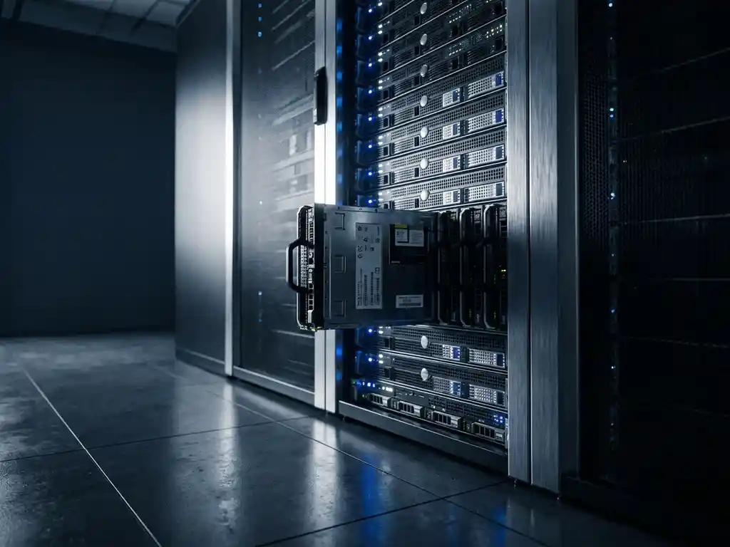 Serverrack in modern datacenter met knipperende blauwe indicatorlampjes en uitgetrokken enterprise storage blade.