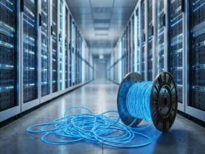 Datacentergang met verlichte serverrekken in blauw-zilver licht en een fiberspoel van glasvezelkabels op de voorgrond.