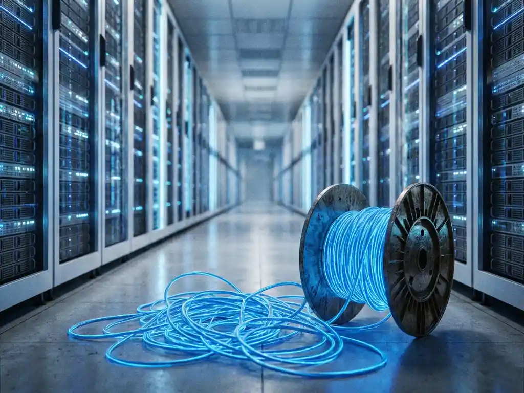 Datacentergang met verlichte serverrekken in blauw-zilver licht en een fiberspoel van glasvezelkabels op de voorgrond.