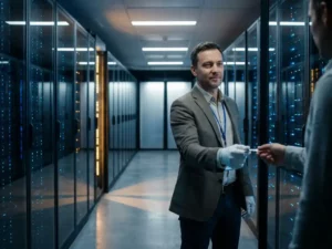 Databasespecialist overhandigt serverracksleutel in moderne datacentergang met blauwe serverrekken op de achtergrond.