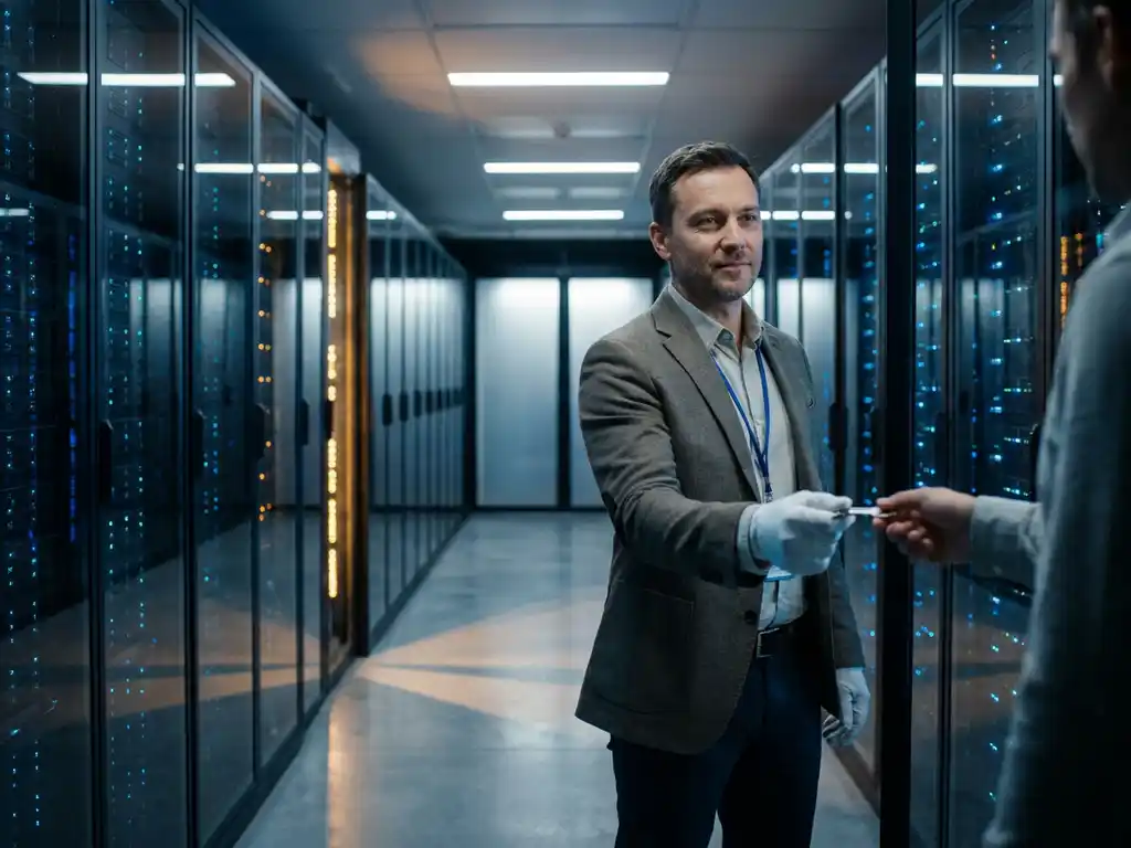 Databasespecialist overhandigt serverracksleutel in moderne datacentergang met blauwe serverrekken op de achtergrond.