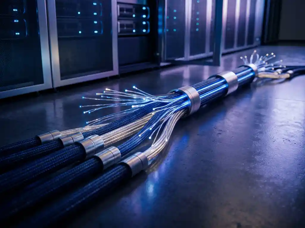 Gloeiend netwerk van onderling verbonden dataknooppunten op donkere serverroomvloer, blauwe vezels convergeren tot één structuur.