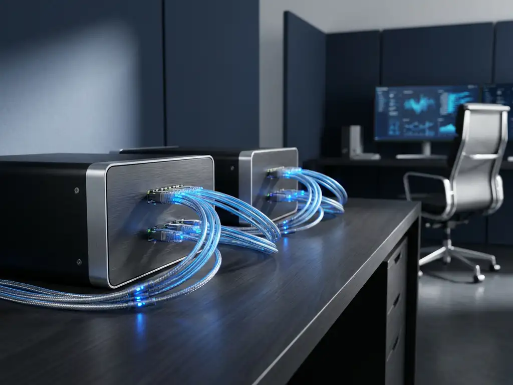 Glasvezelkabels verbinden twee servers op een donker bureau, met blauwe indicatielampjes die een datapipeline visualiseren.