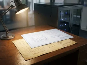 Twee architectuurtekeningen op een eikenhouten bureau, één versleten en één nieuw, met een serverrack en bureaulamp op de achtergrond.